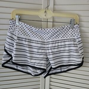Lululemon Women’s Gray & White Striped Running Shorts with Polka Dot Waistband